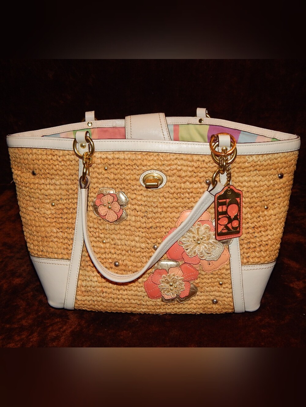 Coach Straw Tote with multicolor Fabric Lining